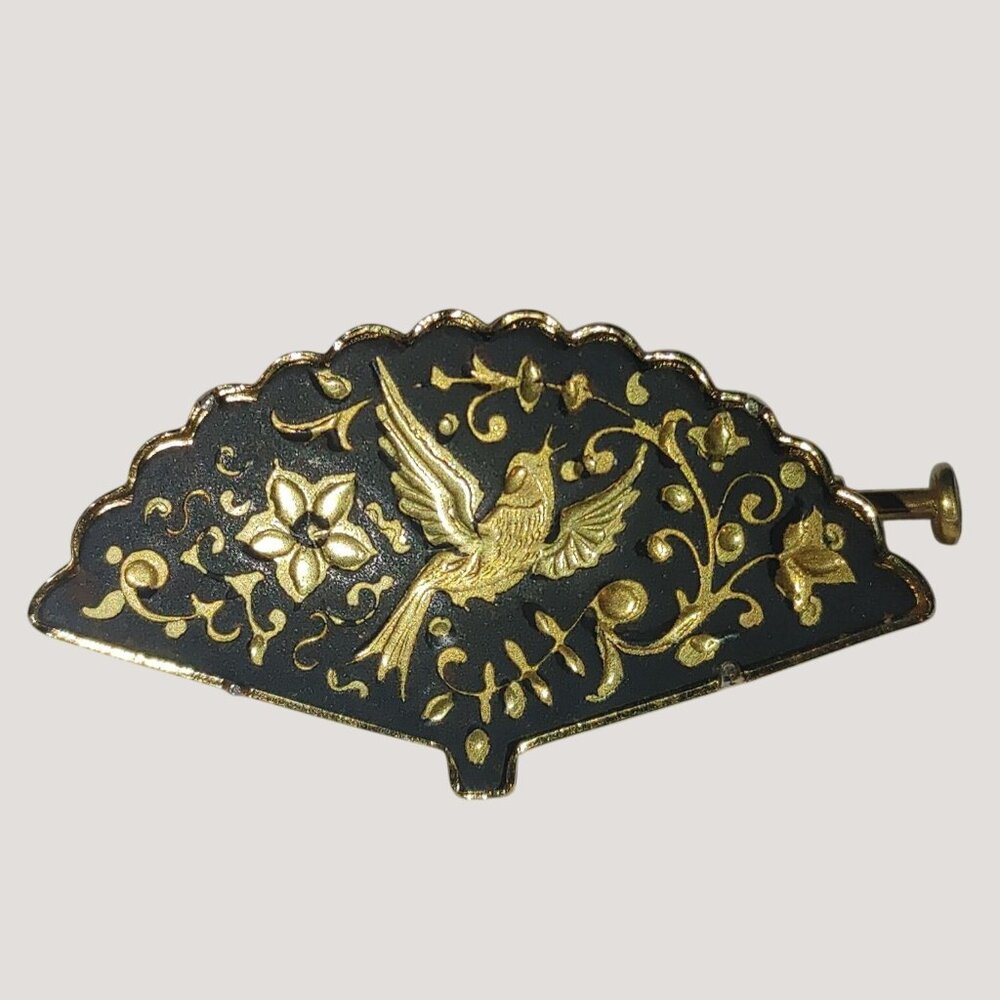 Vintage Damascene Brooch Small Gold Tone Black Enamel Fan Bird Floral Design